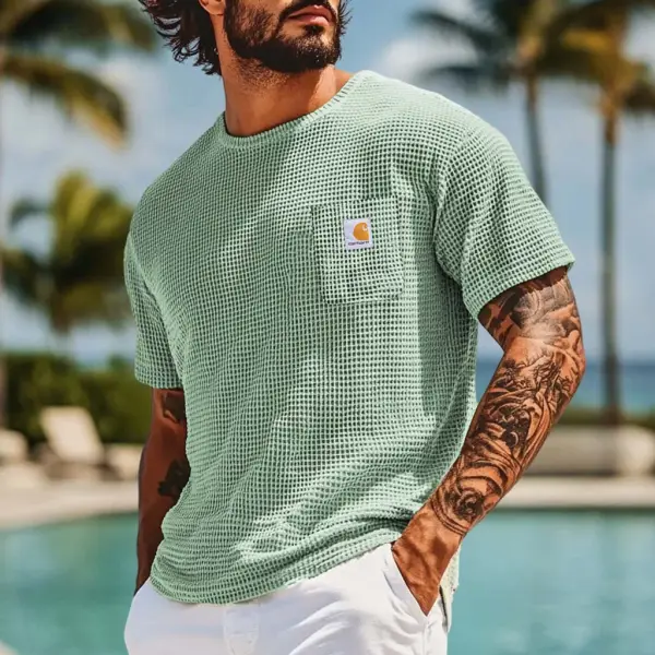 Men's Vintage Waffle Knit Patch Pocket Short Sleeve Crew Neck T-Shirt - Ootdyouth.com 