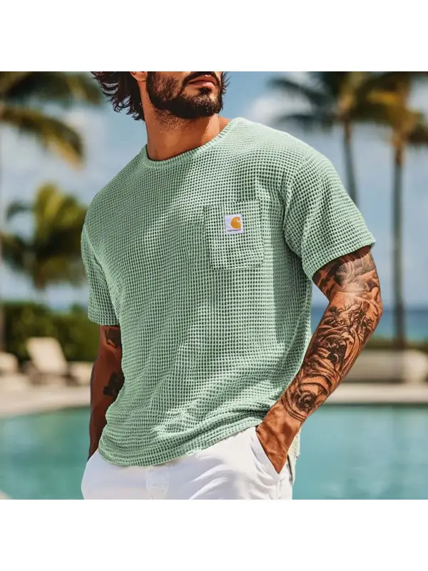 Men's Vintage Waffle Knit Patch Pocket Short Sleeve Crew Neck T-Shirt - Ootdmw.com 