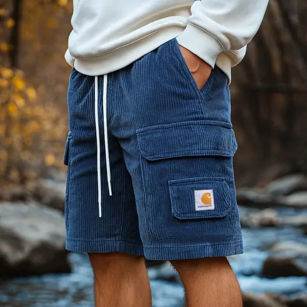 Men's Vintage Corduroy Surf Multi-Pocket Elastic Drawstring Cargo Shorts - Spiretime.com 