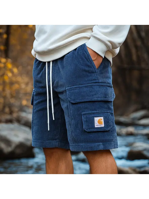 Men's Vintage Corduroy Surf Multi-Pocket Elastic Drawstring Cargo Shorts - Ootdmw.com 