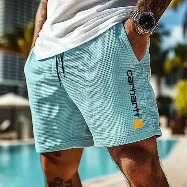 Men's Vintage Waffle Knit Surf Light Blue Elastic Drawstring Walkshort Shorts - Yesunshine.com 