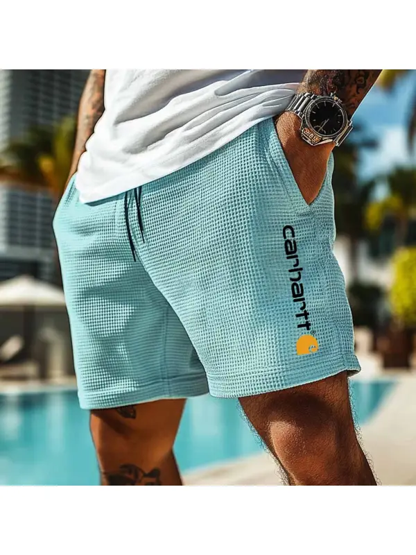 Men's Vintage Waffle Knit Surf Light Blue Elastic Drawstring Walkshort Shorts - Shopyiyistories.com 