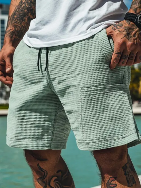 Men's Vintage Waffle Knit Surf Elastic Drawstring Shorts - Menbarn.com 