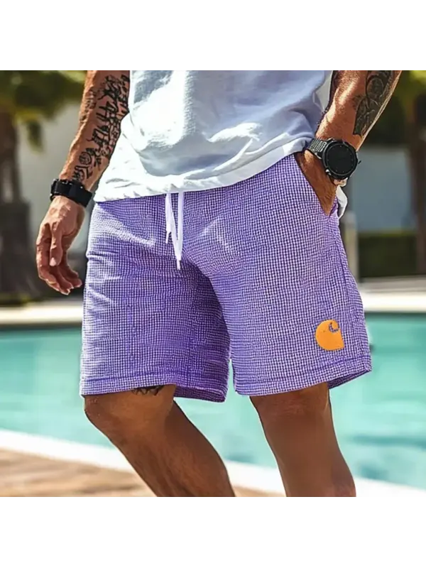 Men's Vintage Waffle Knit Embroidery Surf Elastic Drawstring Walkshort Shorts - Aptkoi.com 