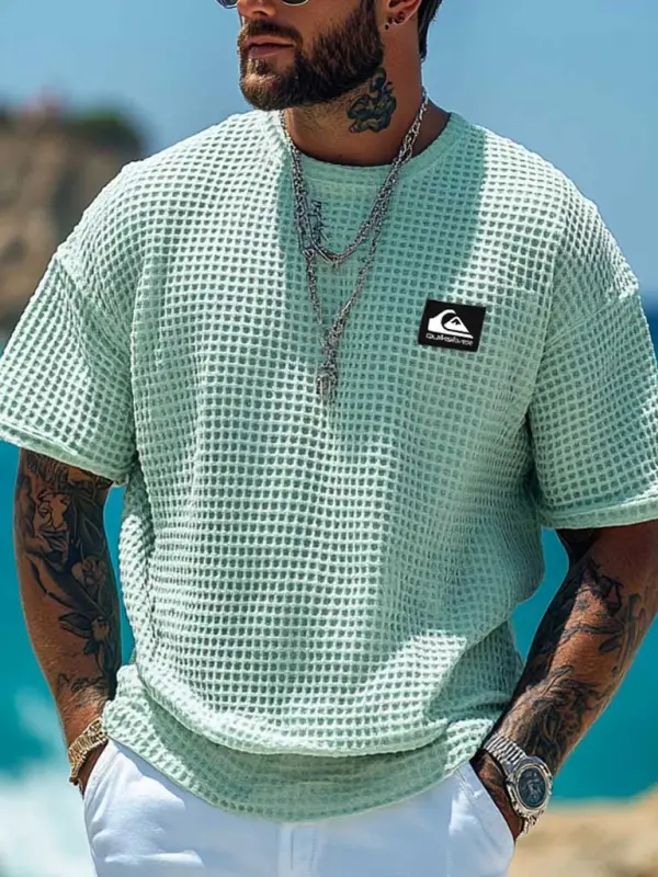 Men's Vintage Waffle Knit Surf Mint Short Sleeve Crew Neck T-Shirt - Menbarn.com 