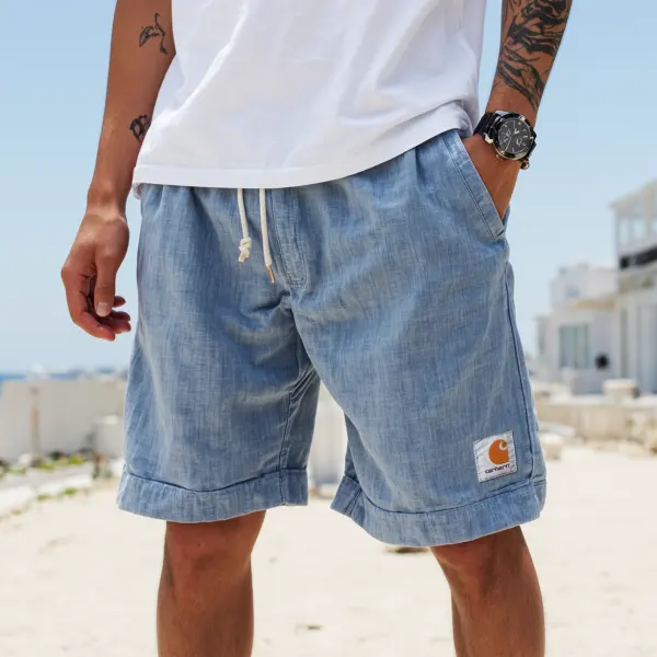 Men's Vintage Sky Blue Cotton And Linen Fabric Surf Elastic Drawstring Shorts - Ootdyouth.com 