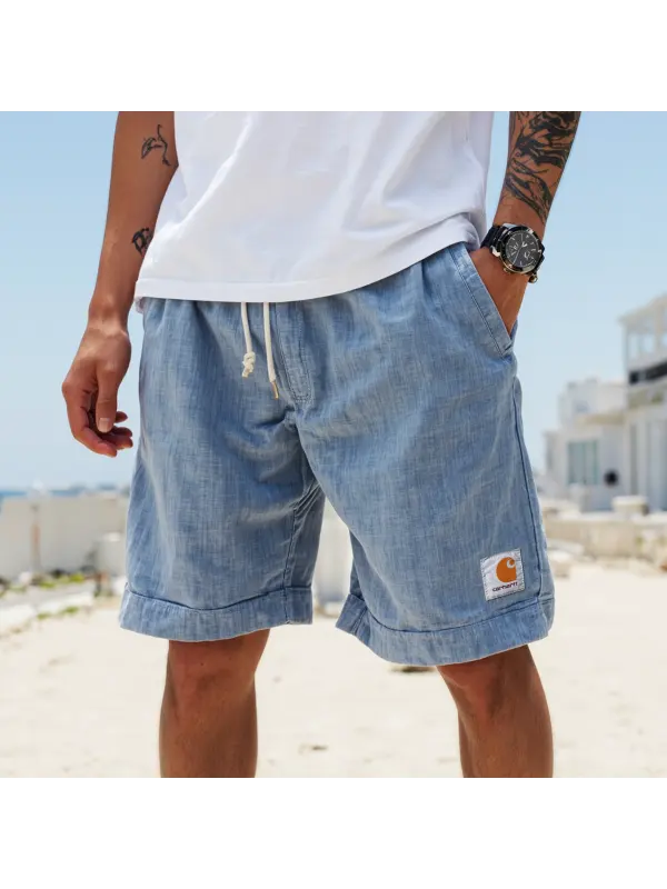 Men's Vintage Sky Blue Cotton And Linen Fabric Surf Elastic Drawstring Shorts - Aptkoi.com 