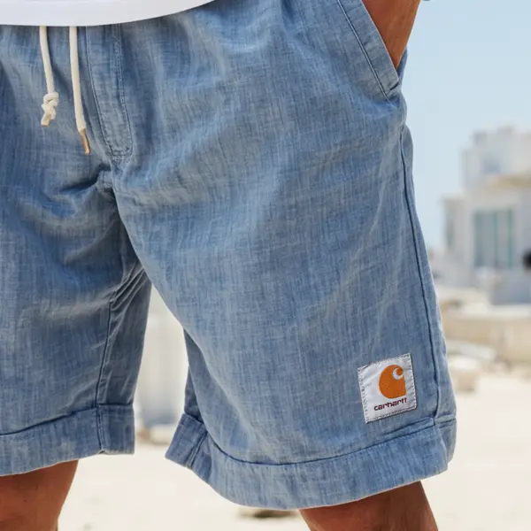 Carhartt Men's Vintage Sky Blue Cotton And Linen Fabric Surf Elastic Drawstring Shorts