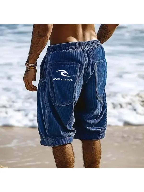 Men's Vintage Corduroy Beach Pocket Blue Surf Shorts - Aptkoi.com 