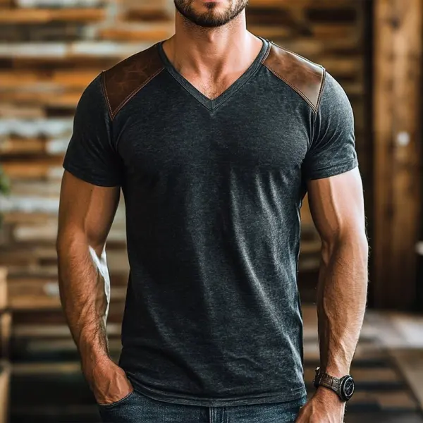 Men's Retro Casual Leather Stitching Short Sleeve T-Shirt - Bustalent.com 