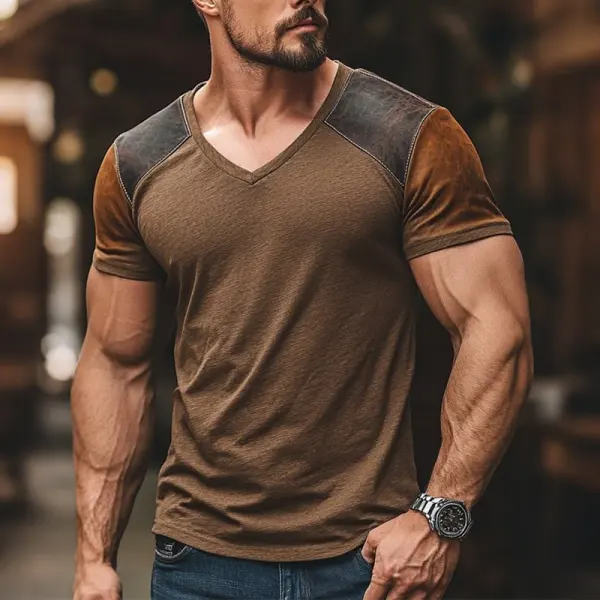 Men's Retro Casual Leather Stitching Short Sleeve T-Shirt - Bustalent.com 