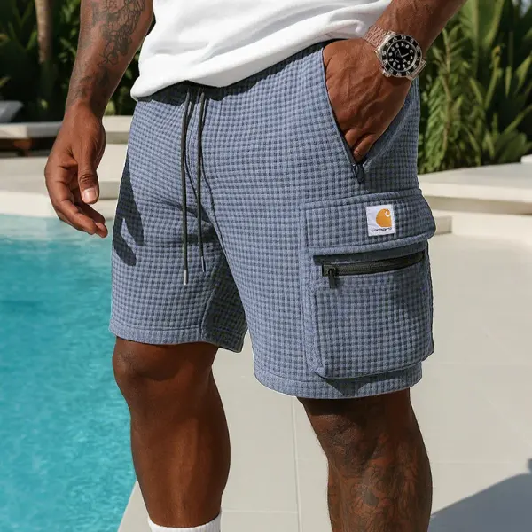 Waffle Plaid Patterned Shorts With Zippered Pockets For Men - Wayrates.com 
