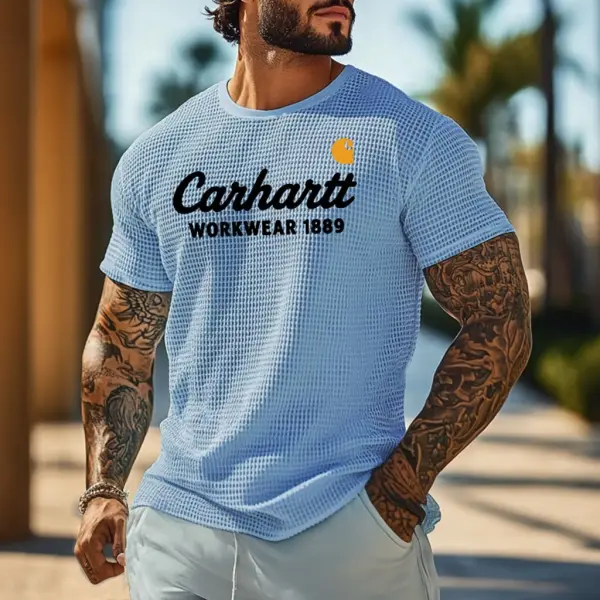 Men's Vintage Waffle Knit Surf Light Blue Short Sleeve Crew Neck T-Shirt - Yesunshine.com 
