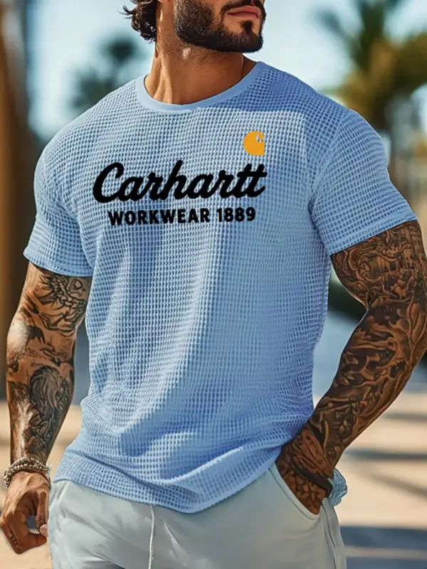 Men's Vintage Waffle Knit Surf Light Blue Short Sleeve Crew Neck T-Shirt - Pragmaace.com 