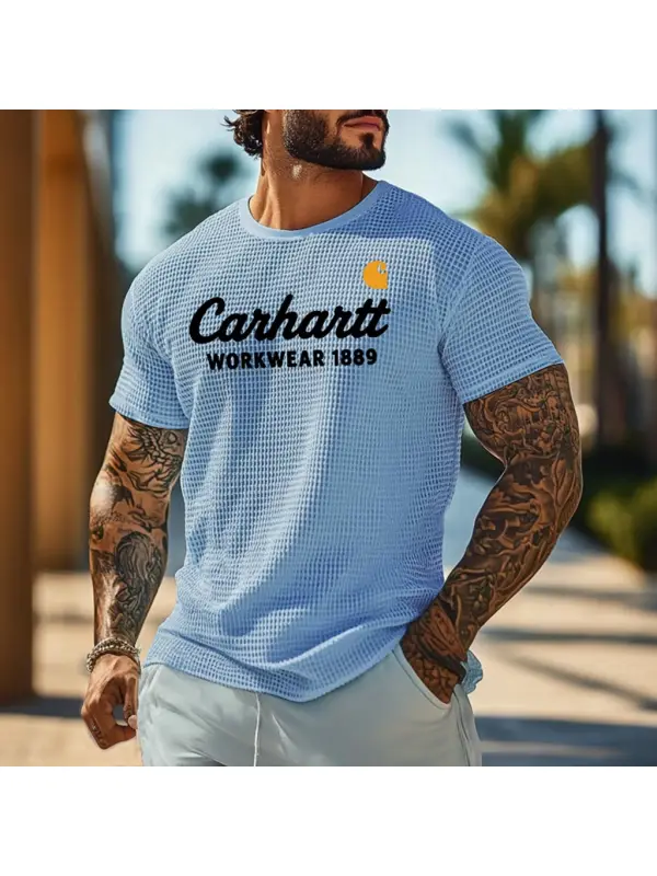 Men's Vintage Waffle Knit Surf Light Blue Short Sleeve Crew Neck T-Shirt - Aptkoi.com 