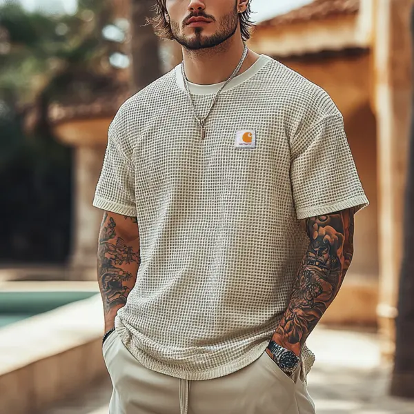 Men's Vintage Waffle Fabric Knit Lightweight Mesh T-Shirt - Perfect For Summer Outdoors - Yesunshine.com 