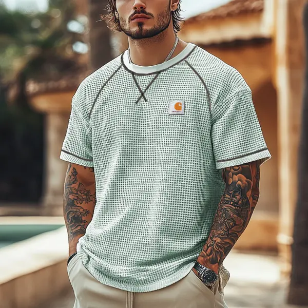 Men's Vintage Waffle Fabric Knit Exposed Seam Stitching Details Mesh T-Shirt - Perfect For Summer Outdoors - Ootdyouth.com 