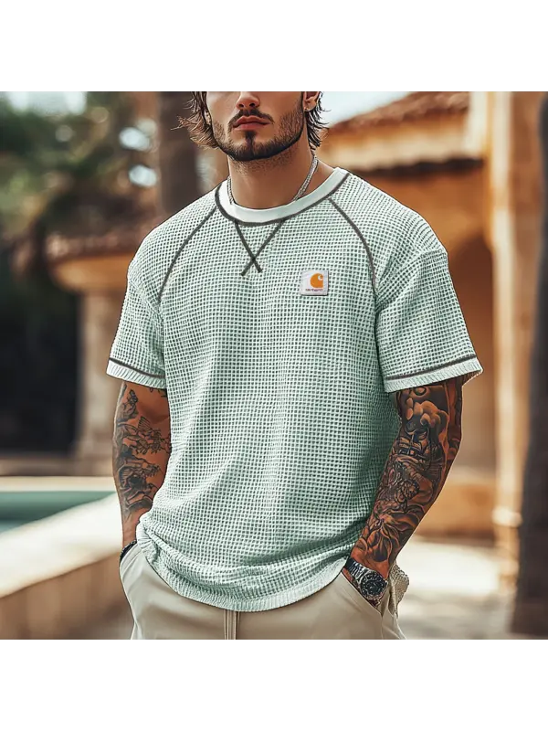 Men's Vintage Waffle Fabric Knit Exposed Seam Stitching Details Mesh T-Shirt - Perfect For Summer Outdoors - Ootdmw.com 