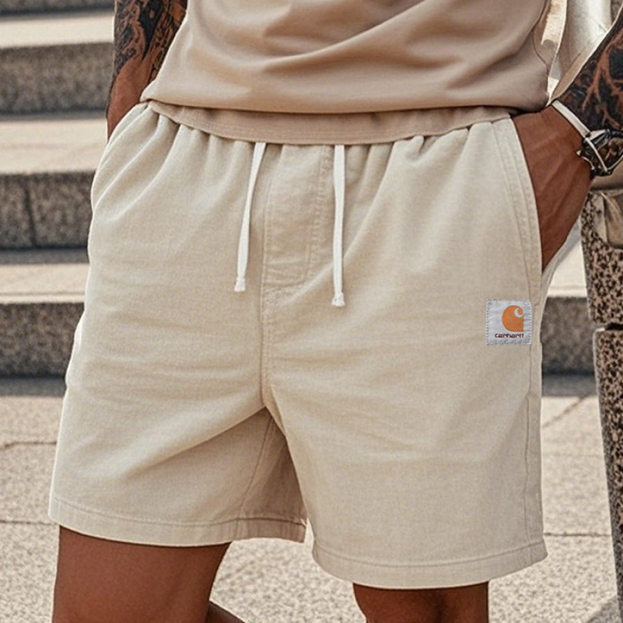 

Men's Retro Casual Beige Shorts With Drawstring Waist