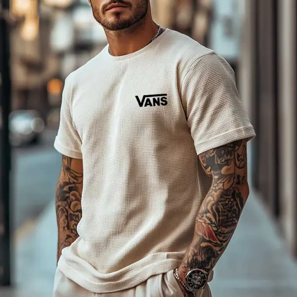 Vans Men's Vintage Beige Waffle Knit Short Sleeve Crew Neck T-Shirt - Menzfolk.com 