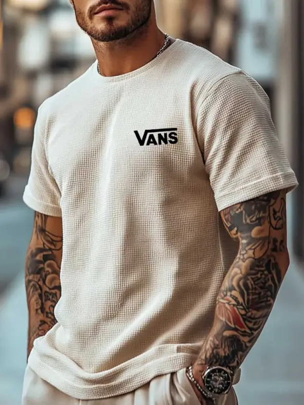 Vans Men's Vintage Beige Waffle Knit Short Sleeve Crew Neck T-Shirt - Menbarn.com 