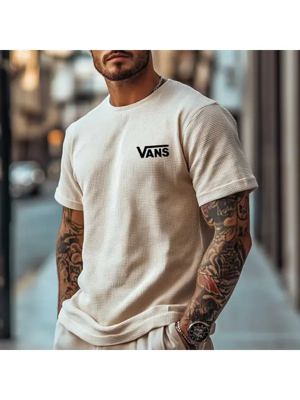 Men's Vintage Beige Waffle Knit Surf Short Sleeve Crew Neck T-Shirt - Aptkoi.com 