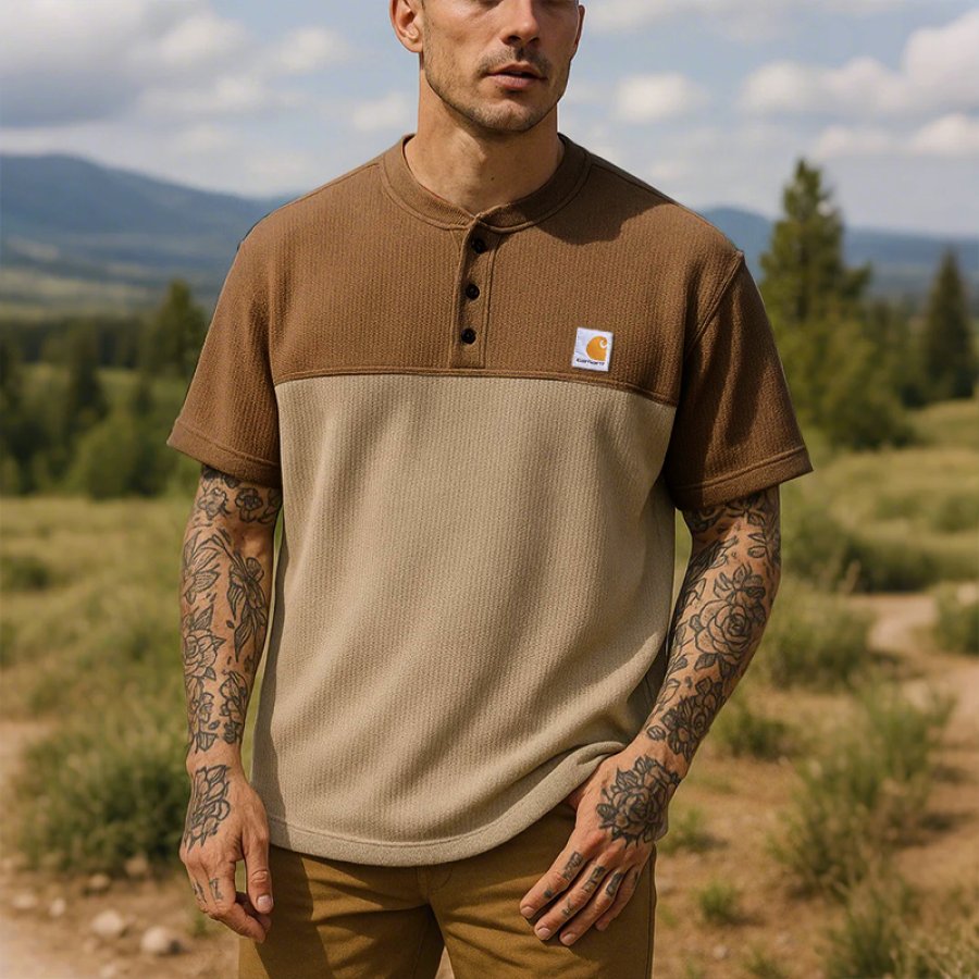 

Vintage Stylish Two-Tone Henley Shirt For Outdoor Adventures