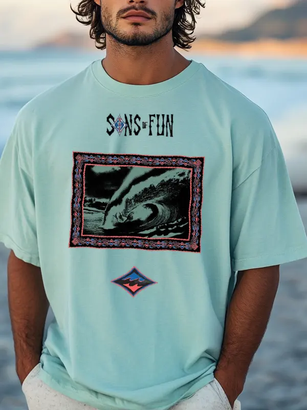 Casual Outings Surf Classic Graphic Cyan T-Shirt For Men - Menbarn.com 