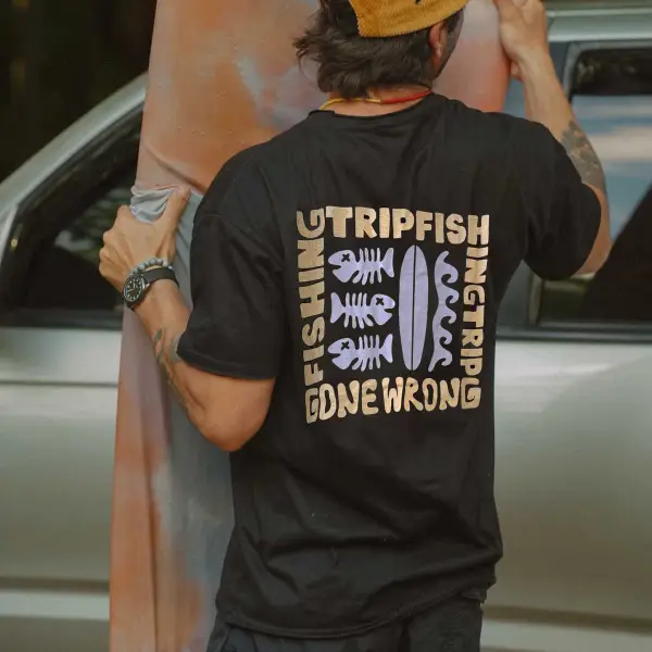 Men's Fishing Trip Gone Wrong Surf Print Black Crew Neck Short Sleeve T-Shirt - Menzfolk.com 