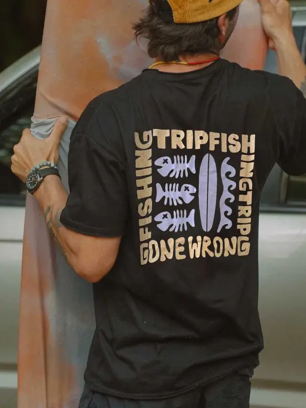 Men's Fishing Trip Gone Wrong Surf Print Black Crew Neck Short Sleeve T-Shirt - Menbarn.com 