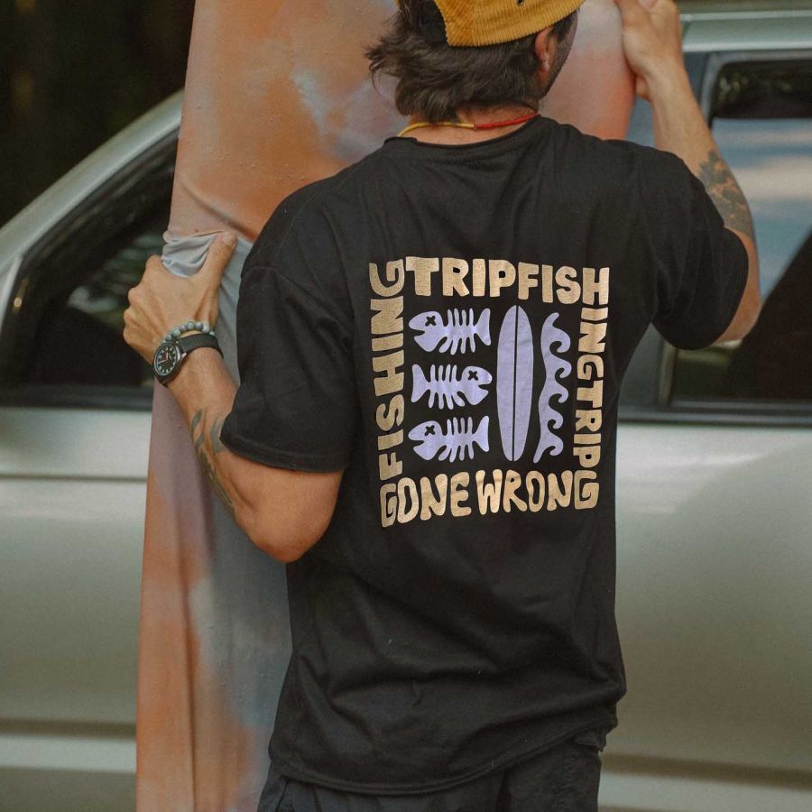

Men's Fishing Trip Gone Wrong Surf Print Black Crew Neck Short Sleeve T-Shirt