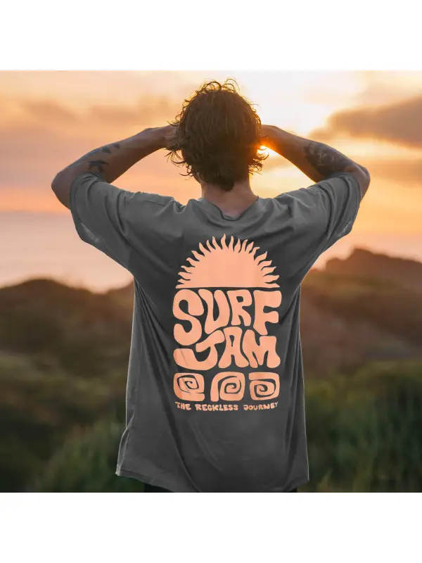 Men's Vintage Surf Print Crew Neck Short Sleeve T-Shirt - Aptkoi.com 