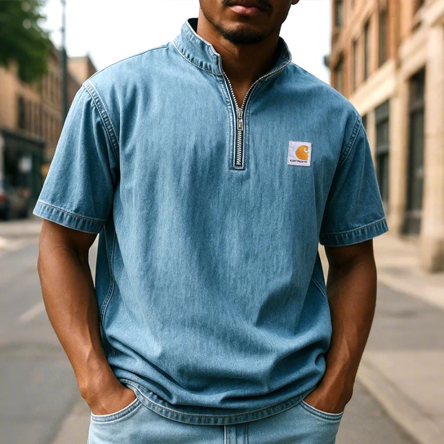 

Men's Outdoor Washing Blue 1/4 Zipper Collar T-shirt