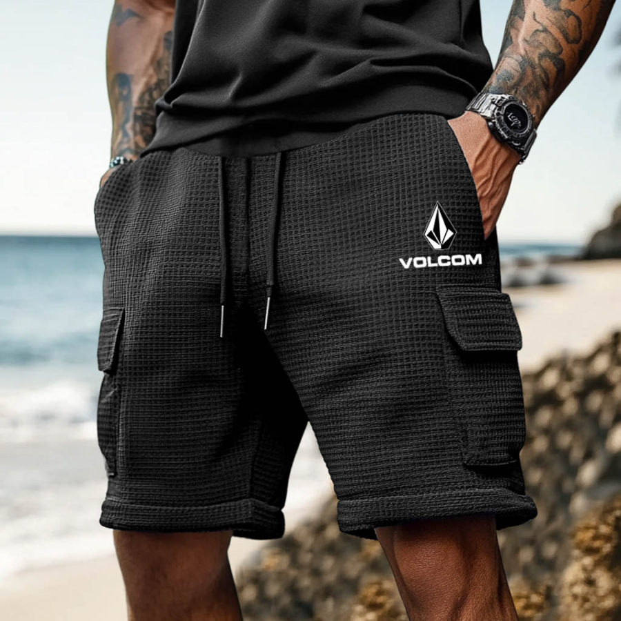 

Men's Vintage Waffle Knit Casual Elastic Drawstring Walkshort Surf Cargo Shorts