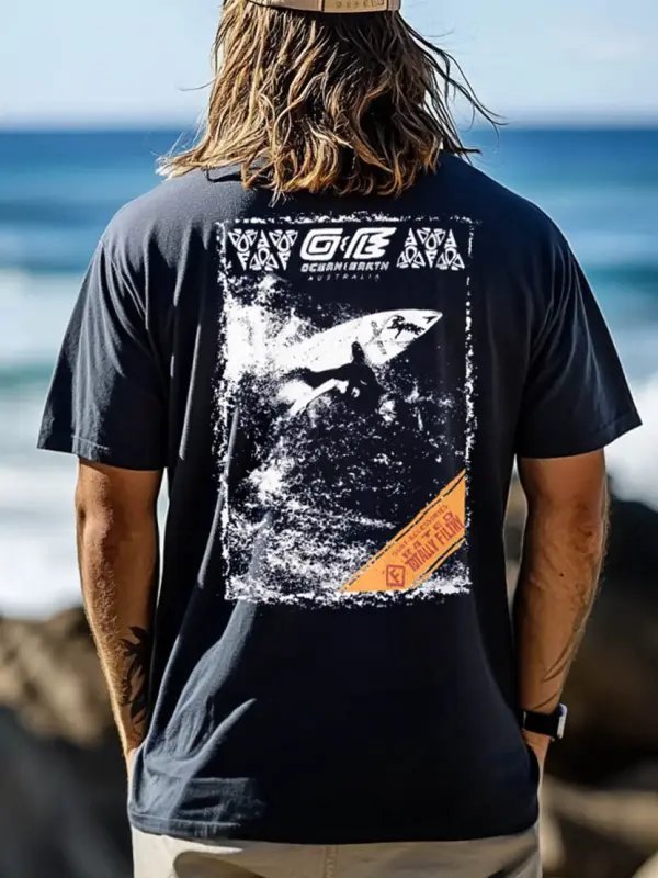 Men's Ocean Australia Surf Print Navy Crew Neck Short Sleeve T-Shirt - Menbarn.com 