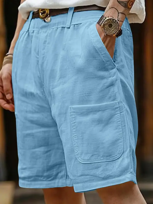 Men's Cotton And Linen Solid Pocket Loose Beach Surf Shorts - Menbarn.com 