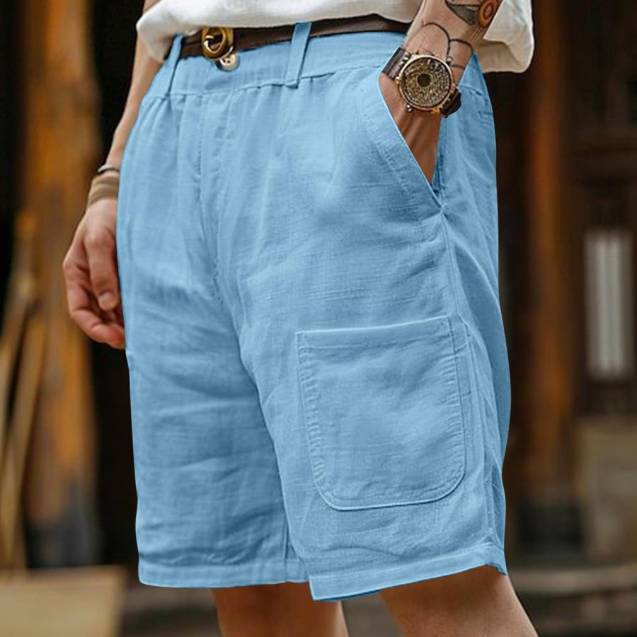 

Men's Cotton And Linen Solid Pocket Loose Beach Surf Shorts