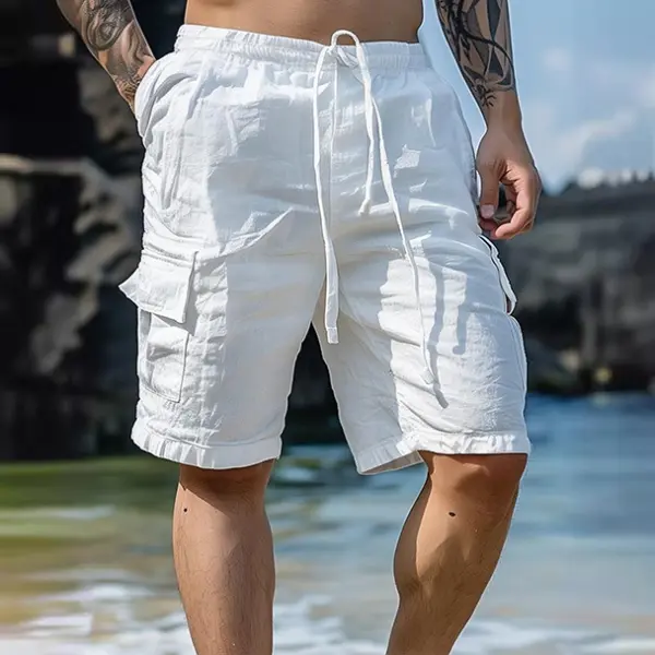 Men's Linen Summer Drawstring Elastic Beach Surf Shorts - Wayrates.com 