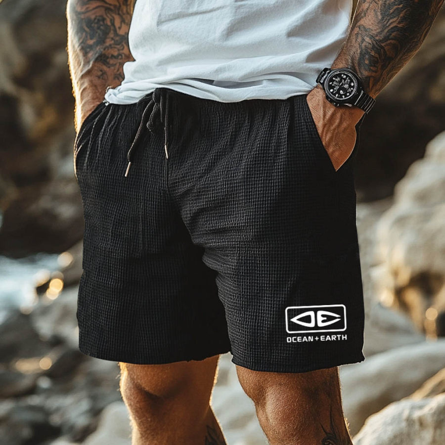 

Men's Vintage Waffle Knit OE Casual Elastic Drawstring Walkshort Surf Shorts