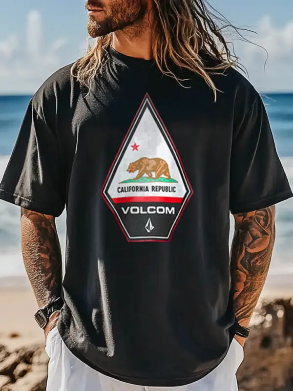 Men's California Republic Bear Surf Print Crew Neck Short Sleeve T-Shirt - Menbarn.com 