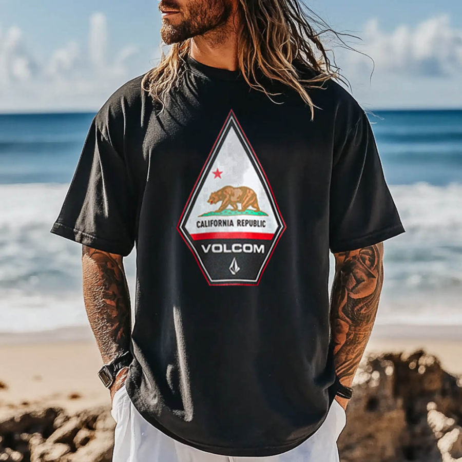 

Men's California Republic Bear Surf Print Crew Neck Short Sleeve T-Shirt