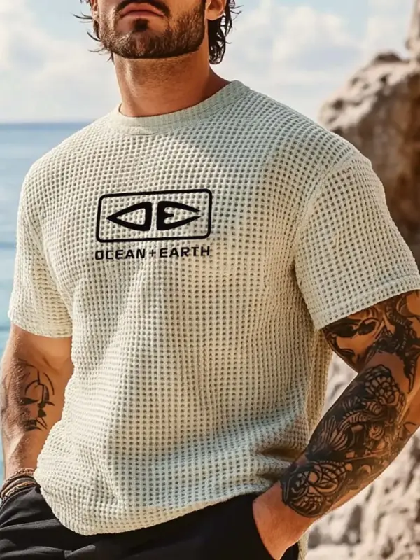 Men's Vintage Waffle Knit OE Ocean Surf Short Sleeve Crew Neck T-Shirt - Menbarn.com 