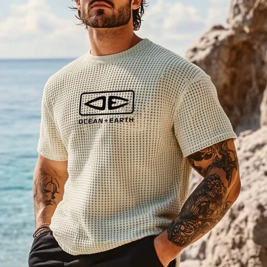 

Men's Vintage Waffle Knit OE Ocean Surf Short Sleeve Crew Neck T-Shirt