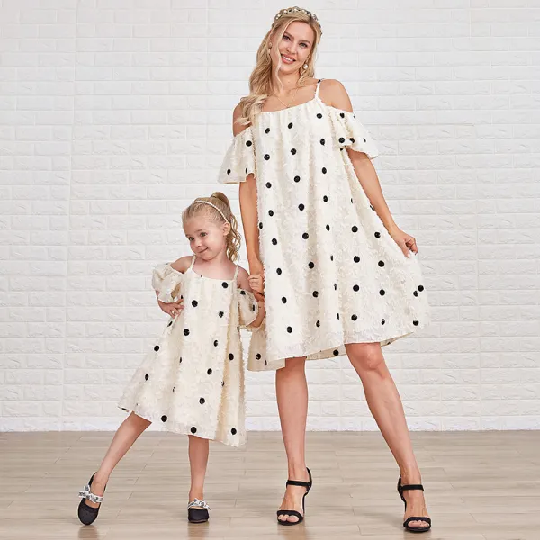 Sweet Polka Dot Off The Shoulder Mom Girl Matching Dress - Popopiearab.com 