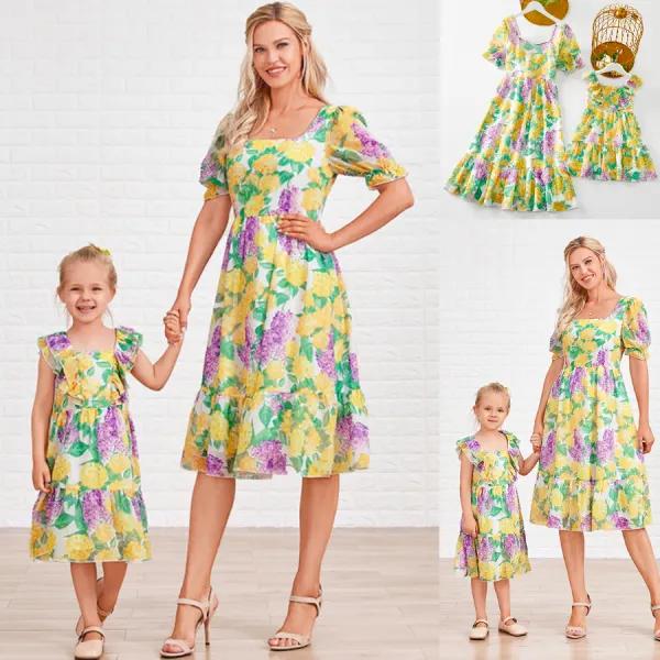 【90-130cm/S-XXL】Sweet Yellow Flowers Chiffon Short-Sleeved Mom Girl Matching Dress - Popopiearab.com 