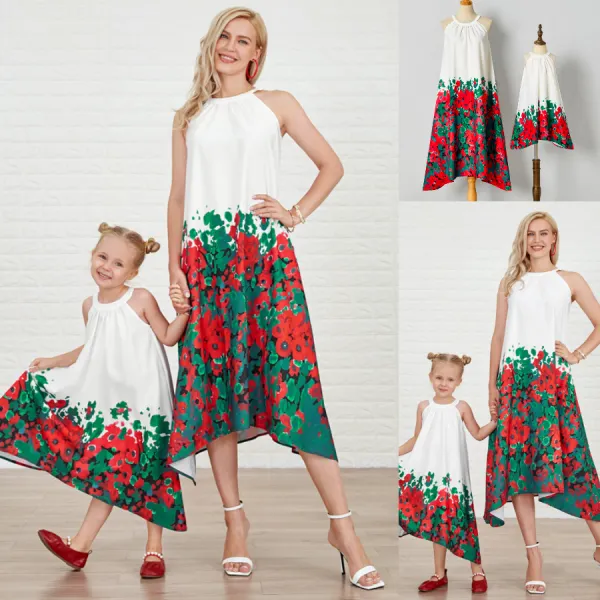 Sweet White Flowers Asymmetric Mom Girl Matching Dress - Popopiearab.com 