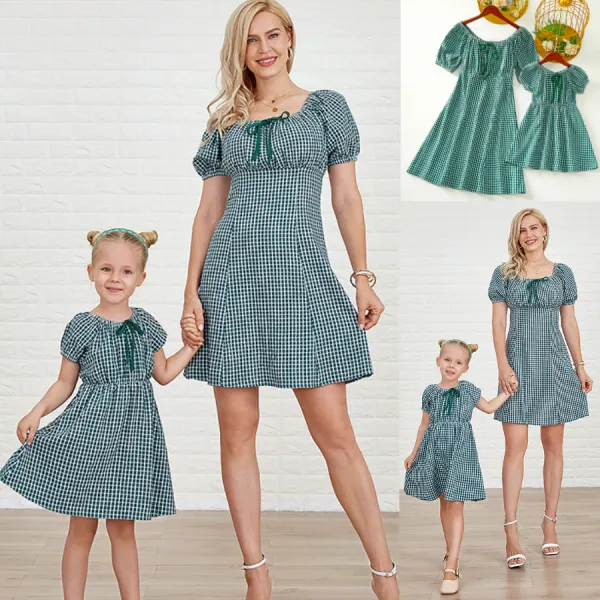 Sweet Green Plaid Puff Sleeve Mom Girl Matching Dress - Popopiearab.com 
