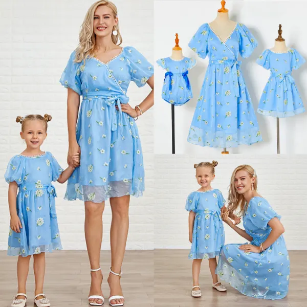 Sweet Blue Embroidered Puff Sleeve Mom Girl Matching Dress - Popopiearab.com 