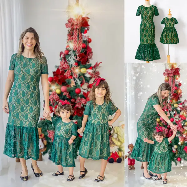 Sweet Green Lace Mom Girl Matching Dress - Popopiearab.com 