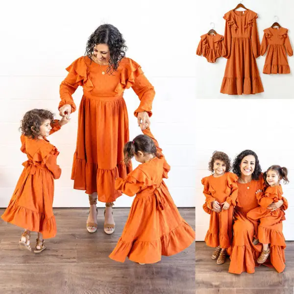 Sweet Brown Ruffled Long Sleeve Mom Girl Matching Dress And Romper - Popopiearab.com 